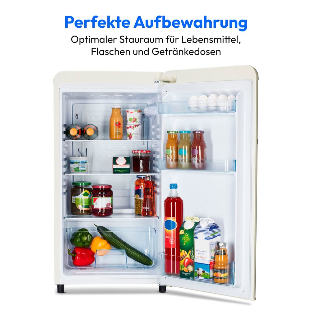 MEDION Retro Kühlschrank (91 Liter, 91cm Höhe (höhenverstellbare Füße), höhenverstellbare Glasablagen, transparente Gemüseschublade, freistehend, Türanschlag rechts, Metall Türgriff, MD37800)