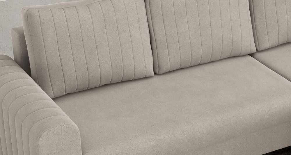 Zoomen Sie auf die Sitzfläche des Ecksofas. Sofa aus beige strukturiertem Stoff