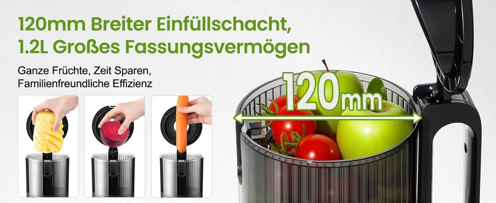 Ventray Max 120 Kaltpress Entsafter BPA frei mit Doppelfilter und 120 mm Einfülltrichter für hohe Saftausbeute leicht zu reinigen 250W, Schwarz