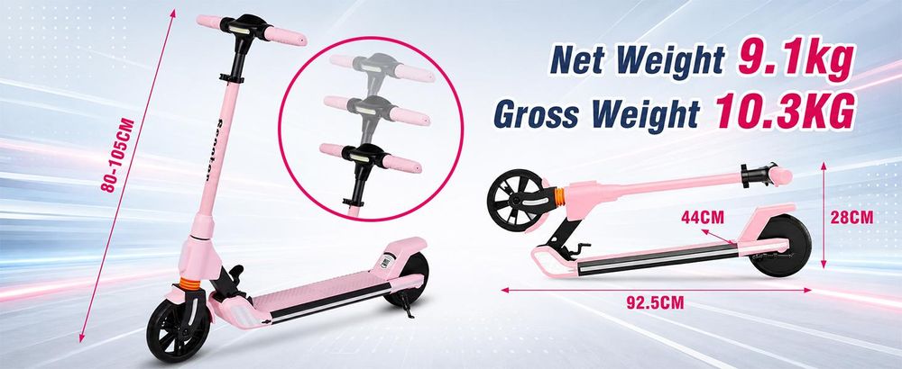 Elektroroller Für Kinder Alter 8-16, Faltbar E-Scooter, 20 km Reichweite, 20km/h, 200W Motor, Höhenverstellbar, LED, Jugendliche Elektroscooter Rosa