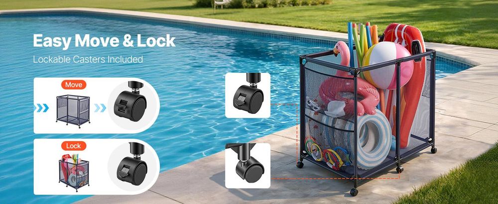 VEVOR Pool-Aufbewahrungsbehälter 93,5 x 61 x 90,4 cm, Aufbewahrungsbox für Pools mit 6 Rollen, Netz-Organizer mit Metallrahmen & Seitentaschen, Organisationskorb für Pool-Nudeln Schwimmausrüstung