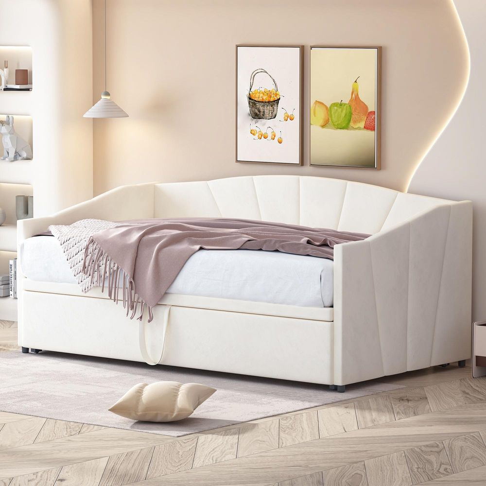 Merax Tagesbett 90x200cm/180x200cm Ausziehbett, Erweiterbares Schlafsofa mit Lattenrost und Armlehnen, Samt Polsterbett Kinderbett Sofabett, Beige