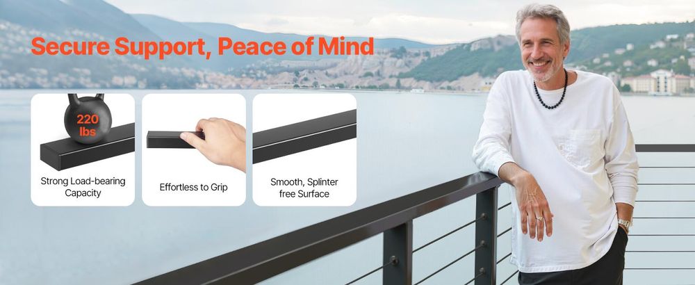 VEVOR Balkon Geländer aus Edelstahl, 4er-Pack, rechteckiger Handlauf für Treppendecks oben für Außen-/Innenstufen mit Endkappe, mattschwarze Beschichtung, Kabelgeländer-Set, 50x25x1981 mm