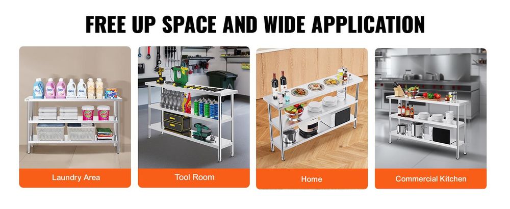 VEVOR Edelstahl Vorbereitungs Tisch, 24 x 24 x 34 Zoll, Schwerlast Metall Arbeitstisch mit 3 verstellbaren Höhenstufen, Gewerbliche Arbeitsstation für Küche Garage Restaurant Garten, 356x1524x864 mm