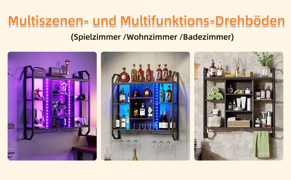 Weinregal Schwebende Wandregal Mit LED-Licht, mit Glasregal, Verstellbares Regal, 90*90cm Wandmontage Flaschenhalter für Bars, Weinkeller, Küche