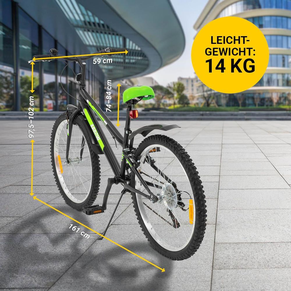 Actionbikes Kinderfahrrad Arrow 24 Zoll | Kinder Fahrrad- V-Brake Bremsen - Kettenschutz - Fahrradständer - Handschaltung - 8-12 Jahre (Schwarz/Grün)