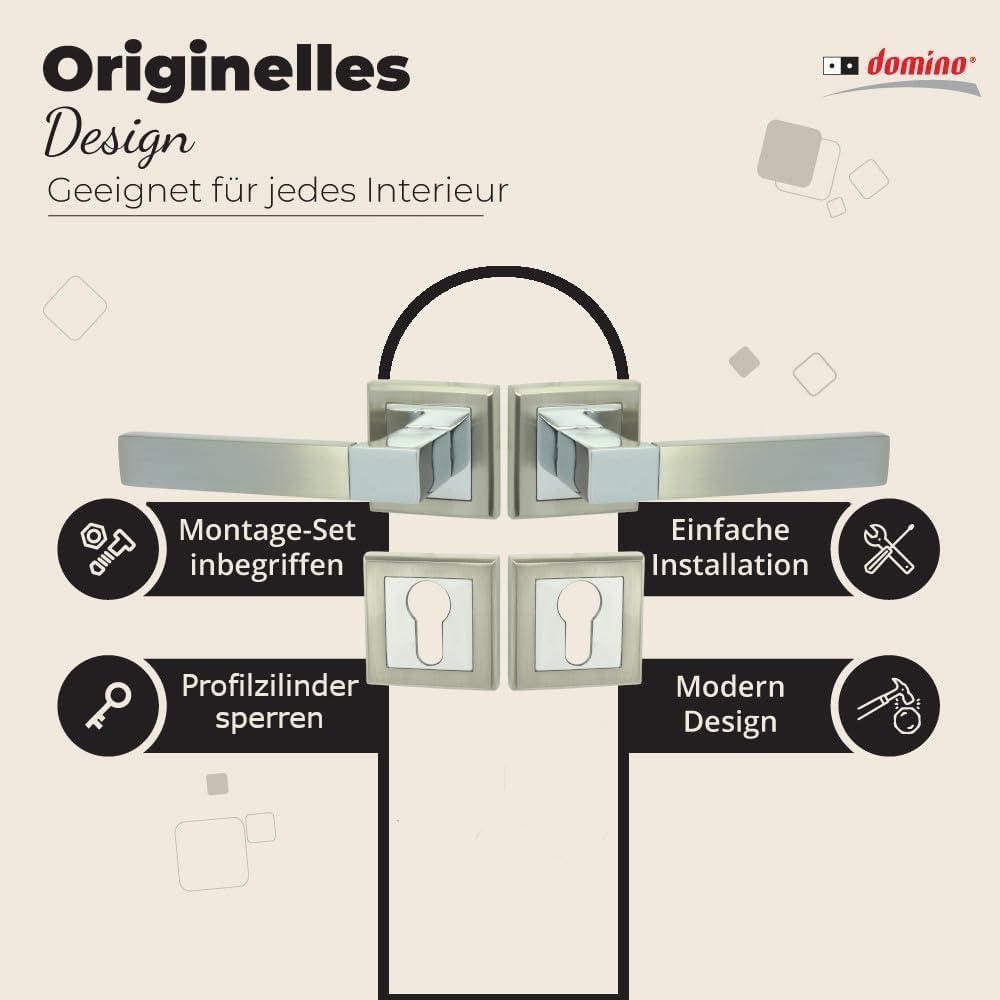 DOMINO Türgriff Drückergarnitur PZ - Profilzylinder Set | mit quadratischen PZ Rosetten| Türklinke für Zimmertür, Bürotür, Kellertür & Innentür| Türbeschläge aus Aluminium| Chrom/Nickel Türdrückergarnitur| REAL-QR M6/M9