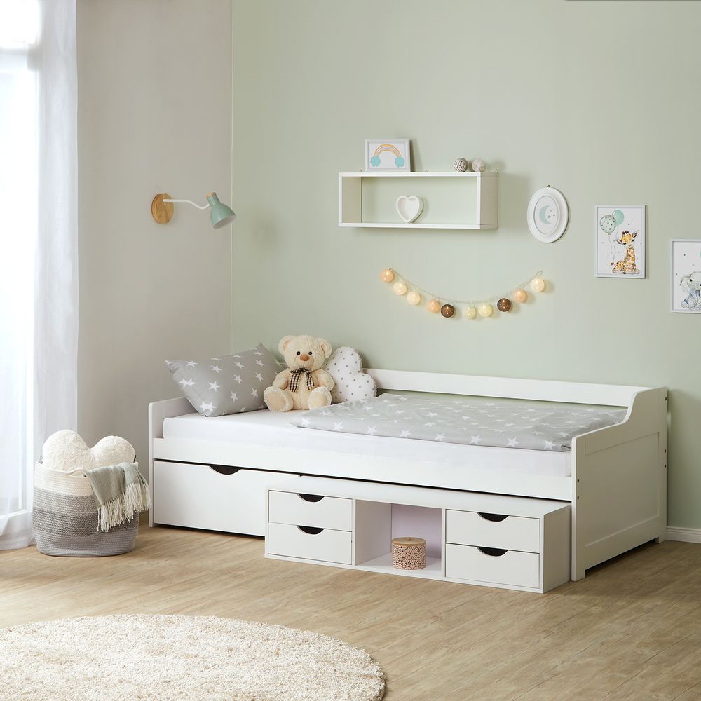 Homestyle4u Kinderbett Holzbett Tagesbett 90x200 Weiß Einzelbett Bettgestell Lattenrost Schubladen