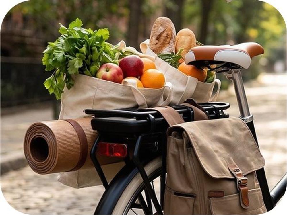 Das Bild zeigt einen mit Einkäufen, Tasche und Strandmatte beladenen Gepäckträger.