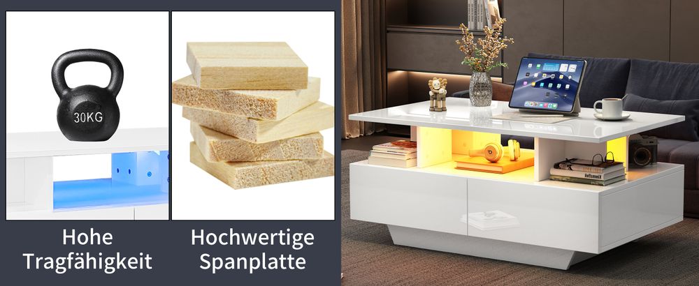 okwish Hochglanz-Couchtisch Beistelltisch mit LED-Beleuchtung und 2 Schubladen,90x55x41–Beistelltisch mit Stauraum,Belastbar bis 30 kg, Weiß