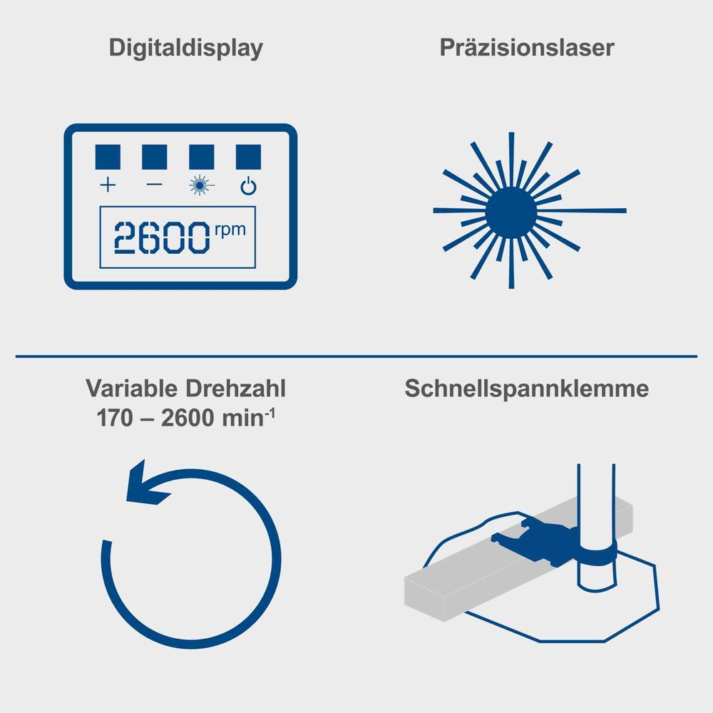 Das Bild zeigt verschiedene Keyfacts der Tischbohrmaschine.
