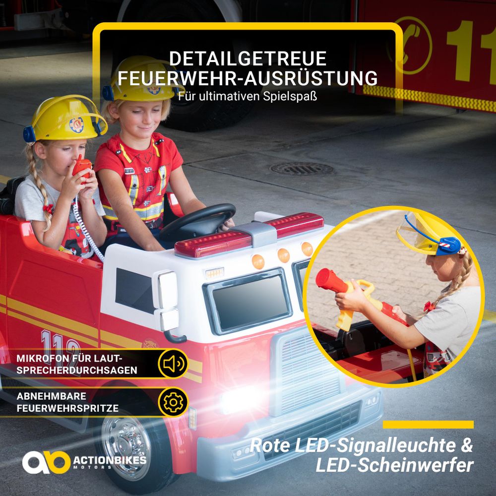 Actionbikes Motors Feuerwehr Auto LL911 | 2 Sitzer - Fernbedienung - Hupe, Motor- & Sirenen Sound - LED - Elektro Auto - 2 x 24 V Motor - ab 3 Jahren