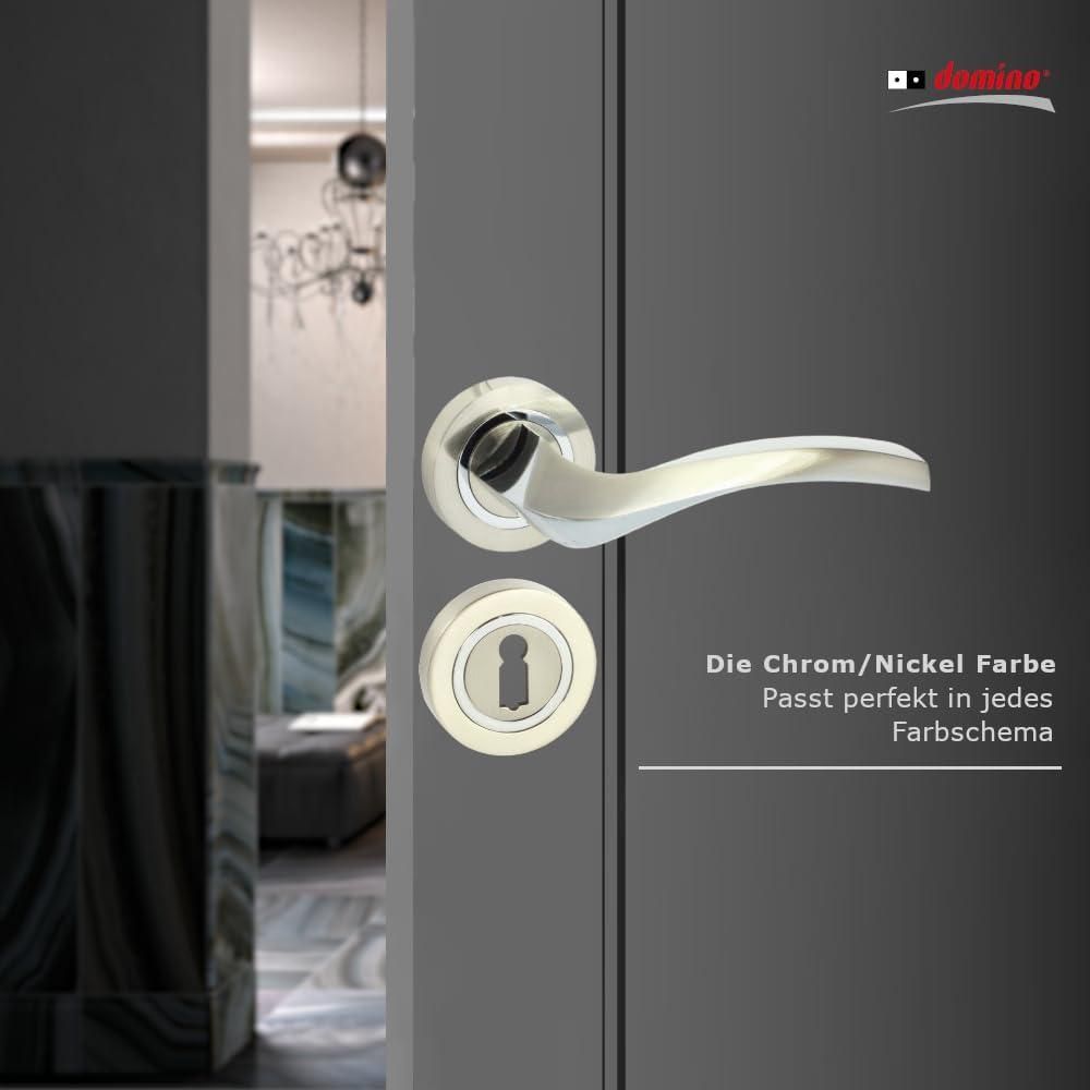 DOMINO Türgriff Drückergarnitur BB-Buntbart Set | Rund BB Rosette | Türklinke für Zimmertür, Bürotür, Kellertür & Innentür | Türbeschläge aus Aluminium | Chrom/Nickel Türdrückergarnitur | ENIGMA-R M6/M9