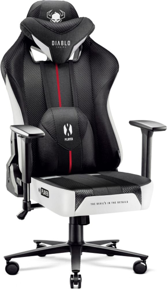 Diablo X-Player Gaming Stuhl Bürostuhl Schreibtischstuhl Stoff 3D Armlehnen Ergonomisches Design Nacken/- Lendenkissen Farbe: Weiß-Schwarz, Größe King