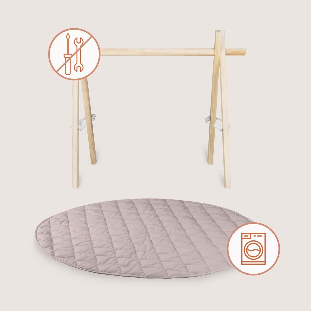 Lionelo Anis Set Baby-Gym aus Holz mit Matte – klappbar, Montessori Spielbogen ab Geburt (0+), 4 Spielzeuge