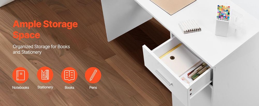 VEVOR Kleiner Schreibtisch mit Schublade, Kinderschreibtisch für das Schlafzimmer, Holz einfacher Studiertisch zum Zeichnen, Lesen, Schreiben, rechteckiger MDF-Studienlagertisch mit verstellbarem Regal für Zuhause, Büro, Weiß, Weiß (Seitenregal)