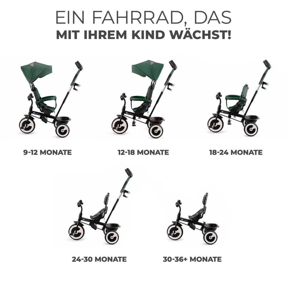 Kinderkraft ASTON - Dreirad - drehbarer Sitz - große unzerstörbare Räder - klappbar - Sicherheitsgurte - verstellbarer Elterngriff - Zubehör - Grün