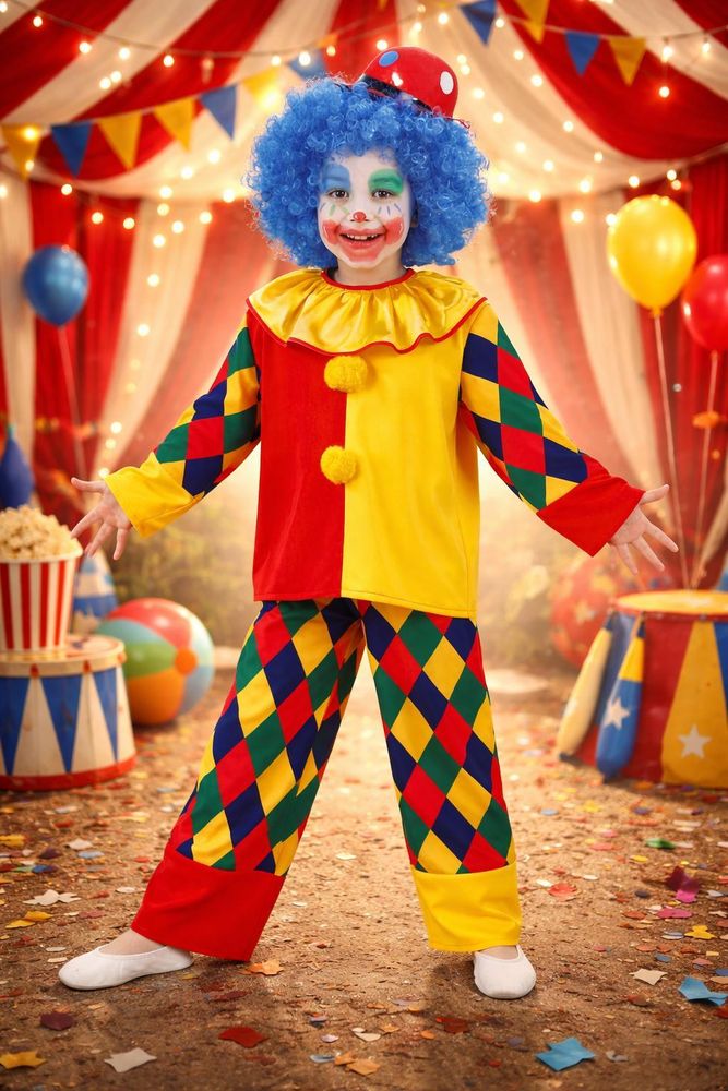 Kinderkostüm Clown, 2tlg. Oberteil und Hose, kunterbunt, Karneval, Fasching, Zirkus, Mottoparty (116)