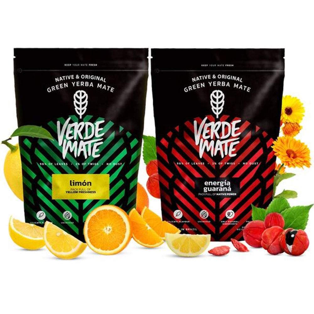 Verde Mate - Mate Tee Set Limon, Energía Guarana 1kg - Dicke Blätter 5mm - Natürliche Energie, Erfrischung - Luftgetrocknet - Yerba Mate Brasilien
