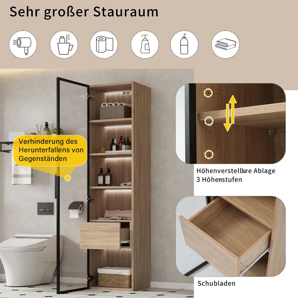 STILVORA Vitrine mit LED-Lichtleiste,Hochschrank mit 1 großen Schubladen und 1 Glastüren,Badezimmerschrank mit Ablagefächer,Natur
