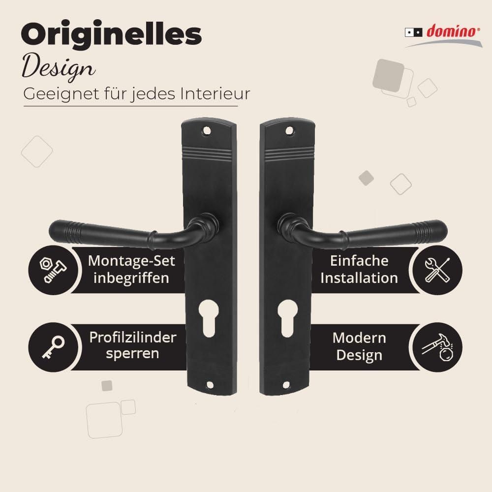 DOMINO Türgriff 72 Drückergarnitur PZ-Profilzylinder Set | Türklinke für Zimmertür, Bürotür, Kellertür & Innentür | L-Form | Znal |Schwarz| LOFT Black