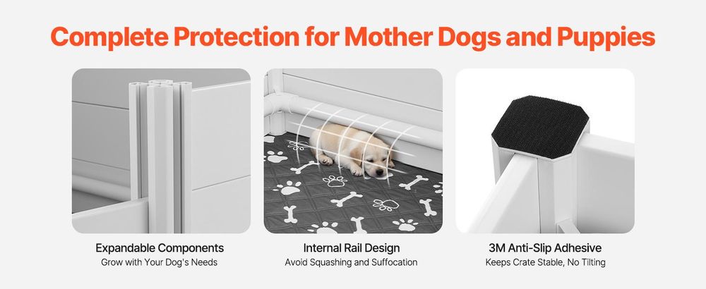 VEVOR Wurfbox für Hunde, 48 x 48 x 18,1 Zoll, Kunststoff PVC Welpen-Spielbereich mit höhenverstellbarer Tür und waschbarem Urinpad, anti-deformierbarer Indoor-Welpen-Spielbereich für große Hunderassen, Milchweiß, 122x122x46 cm