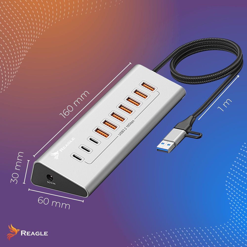 Aktiver USB 3.2 Hub 10in1 mit 36W Netzteil und 2in1 USB C USB A Kabel 10Gbps Datenübertragung für Desktop Laptop Dockingstation Reagle Aluminium