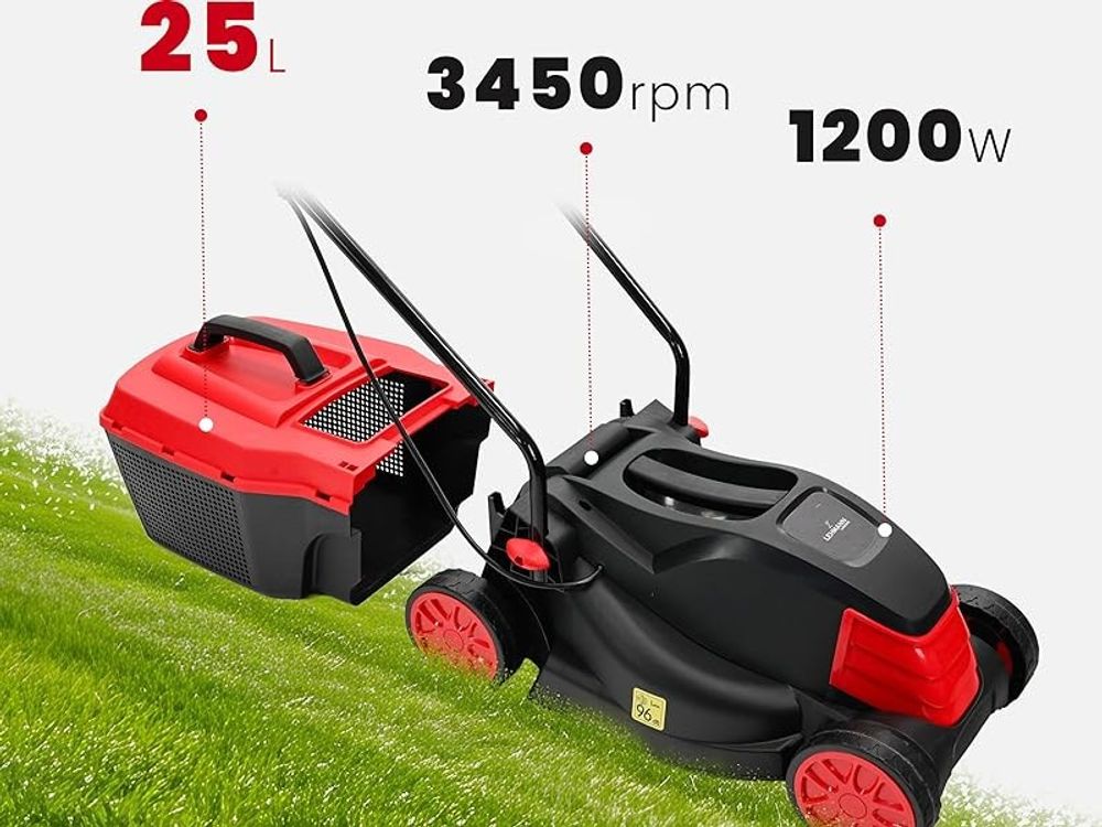 LEHMANN Elektro-Rasenmäher, 1200 W, 32 cm Schnittbreite, 25 L Fangkorb, 3-stufige Schnitthöheneinstellung von 25 bis 65 mm, für Rasenflächen bis 500 m