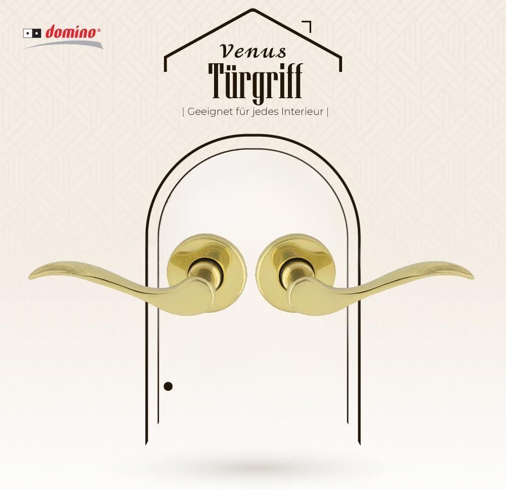 DOMINO Türgriff Drückergarnitur | Türklinke für Zimmertür, Bürotür, Kellertür & Innentür | Türbeschläge aus Messing |Messing Glänzend Türdrückergarnitur |VENUS-R M1