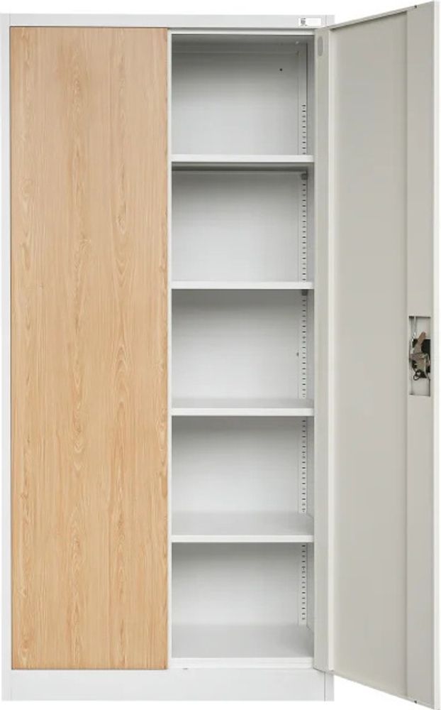 Aktenschrank Büroschrank Metallschrank Stahlschrank Werkzeugschrank Stahlblech Pulverbeschichtet Flügeltürschrank Abschließbar 195 cm x 90 cm x 40 cm Farbe: Weiß/Holzoptik