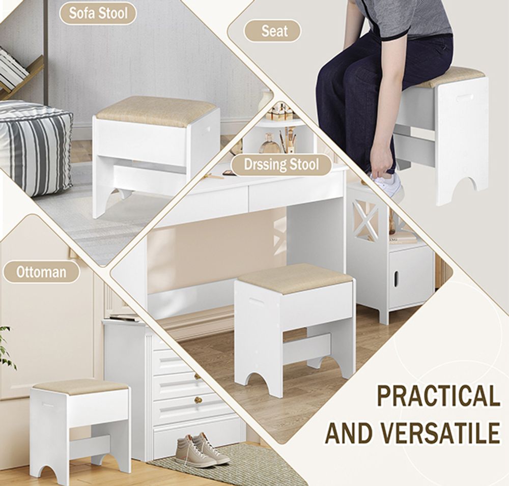 WOLTU Schminkhocker, Sitzhocker Hocker für Schminktisch, Polsterhocker mit Leinenbezug, aus Holz, Schminktischstuhl für Schlafzimmer, 150 kg belastbar, Weiß Beige