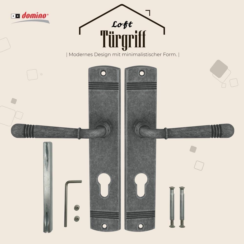 DOMINO Türgriff 72 Drückergarnitur PZ-Profilzylinder Set | Langschildgarnitur |für Zimmertür, Bürotür, Kellertür & Innentür |Antikes Nickel | LOFT M95