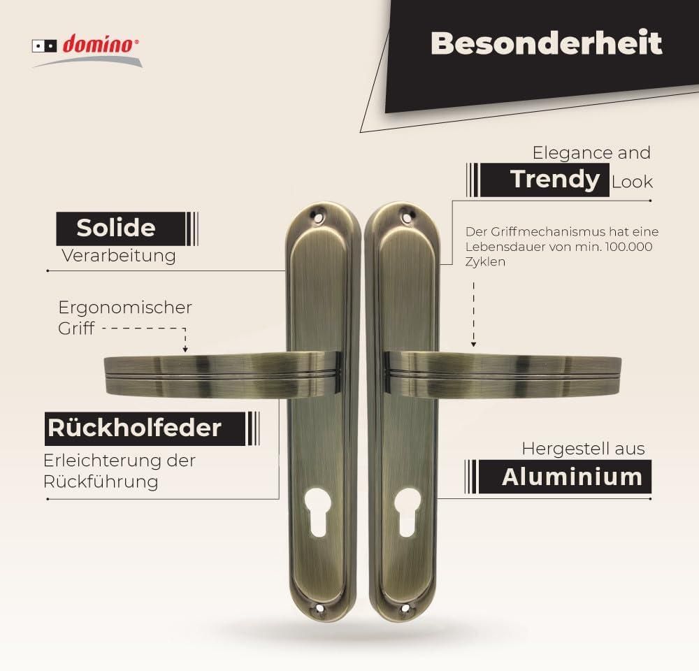 DOMINO Türgriff 72 Drückergarnitur PZ - Profilzylinder Set | Türklinke für Zimmertür, Bürotür, Kellertür & Innentür | L-Form | Türbeschläge aus Aluminiuml | Bronze Türdrückergarnitur| DEKAN M3