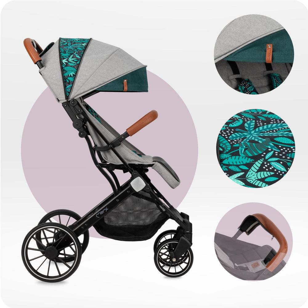 MoMi ESTELLE DAKAR – Ultraleichter Baby Kompaktbuggy mit XL-Rädern, Einhand-Faltung & Trolley-Funktion, inkl. Zubehör, ideal für Reisen – Grau/Grün