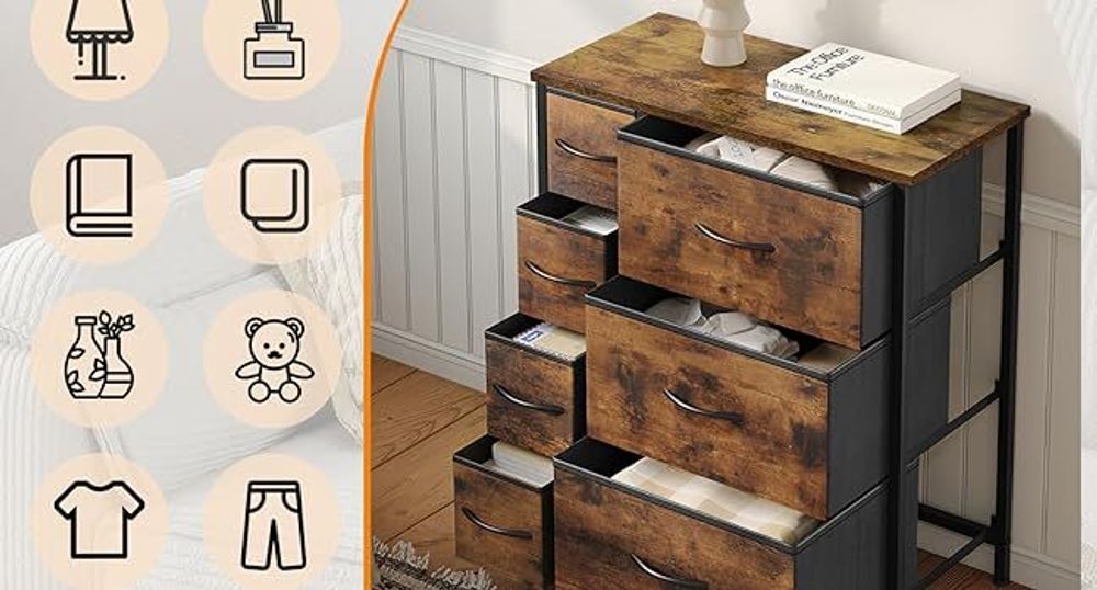 WOLTU Kommode mit 7 Schubladen aus Stoff, Sideboard, Metallrahmen, Industrial Stil