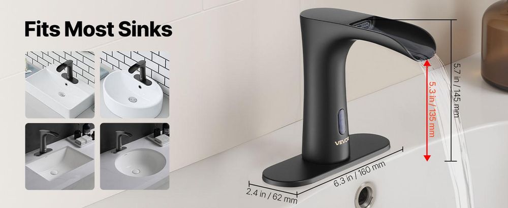VEVOR Berührungslose Badezimmer-Wasserhahn, Automatischer Bewegungssensor-WC-Wasserhahn mit Lochabdeckplatte, Batteriebetrieben, Einstellbare Temperatur für 9,5 mm Rohr Gewerblicher Waschbecken, Matt Schwarz, Duale Steuerung-a, Halb-Wrap Wasserfall