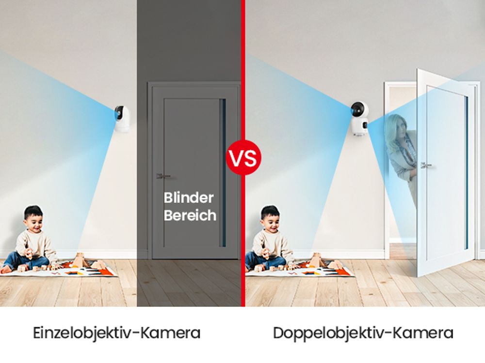 ZOSI Überwachungskamera Innen mit Dual-Linse 3MP+3MP, 2,4/5GHz WLAN, Personenerkennung und Verfolgung, Taste/OK-Geste-Anruf, Farbnachtsicht, C528D