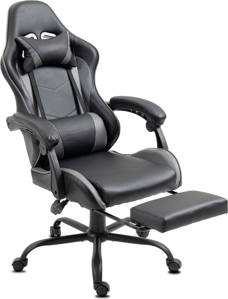 Delman Bürostuhl Gaming Stuhl Massage Gaming Sessel Ergonomischer mit Fußstütze Kopfstütze Massage-Lendenkissen Gaming Chair Drehsessel 02-0042 Grau