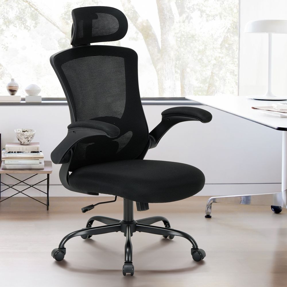 COLAMY Bürostuhl– Ergonomischer Bürostuhl mit Kopfstütze, Lendenwirbelstütze, klappbaren Armlehnen und 140° Wippfunktion, schwarz
