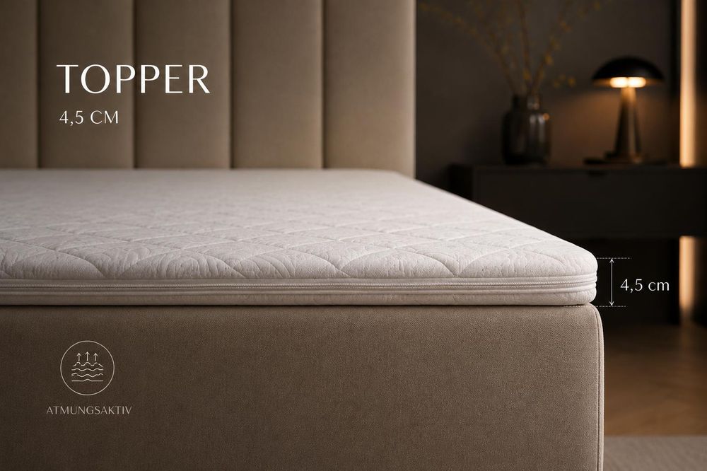 Kontinentalbett aus Samt, Polsterbett, Boxspringbett, dekorativem Kopfteil Doppelbett mit Bonell-Matratze, Topper und Bettkasten (gepolstertes Kopfteil, Boxspring) Boxspringbett Bett 01 –160x200 - Trinity 2 - Beige