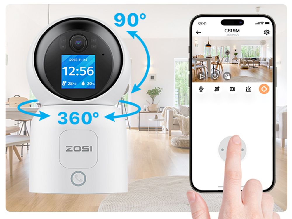 ZOSI 4K WLAN Überwachungskamera mit 1,44" Monitor, 8MP Innen Kamera 360° Schwenkbar, 2-Wege-Videoanruf, 2,4/5Ghz WiFi, AI Personenerkennung, C519M