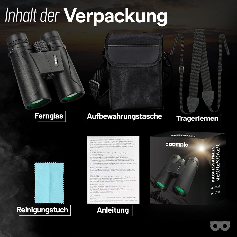 Inhalt der Verpackung: Fernglas, Aufbewahrungstasche, Trageriemen, Reinigungstuch und Anleitung