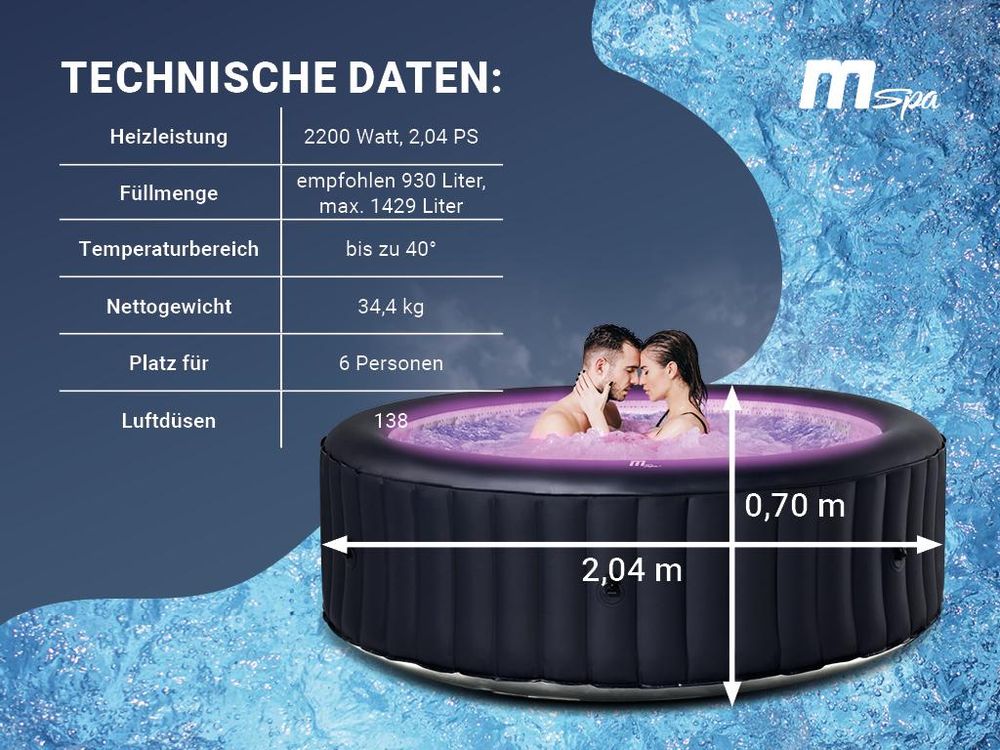 MSpa Whirlpool Urban Aurora | 6 Personen Pool - aufblasbar - UVC+ Filter - LED RGB Band -  Ozon-Desinfektion - Anti-Frost - mit Zubehör - 204 x 70 cm