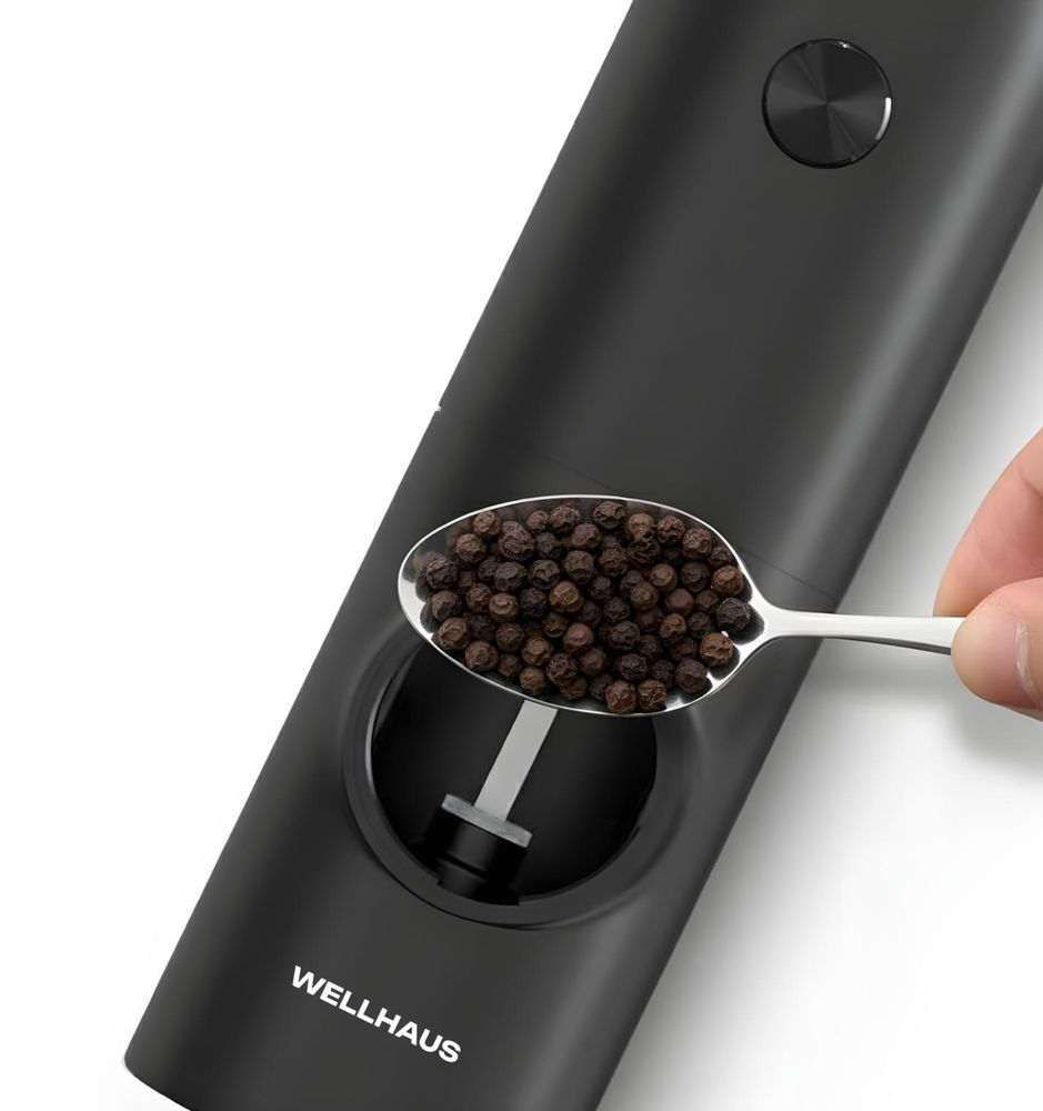 WELLHAUS Salz und Pfeffermühle Elektrisch - 2er Set Batteriebetriebenen Elektrische Mühle mit Basis Gewürzmühle & Salzmühle