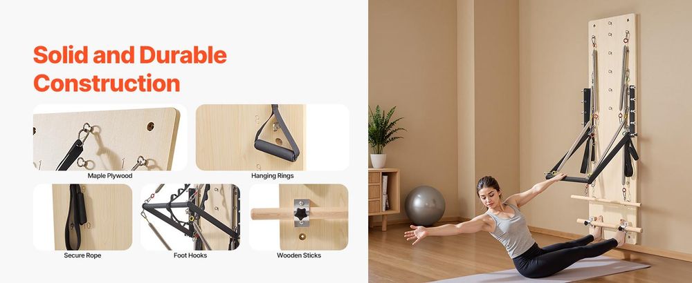 VEVOR Wandmontierte Pilates Reformer Maschine, Maple Holz Pilates Sprungbrett, Trainingsgerät mit Widerstandsfedern, Yoga Fitness Trainer, Geeignet für Flexibilität und Balance, Home Gym Studio Workout, Holz