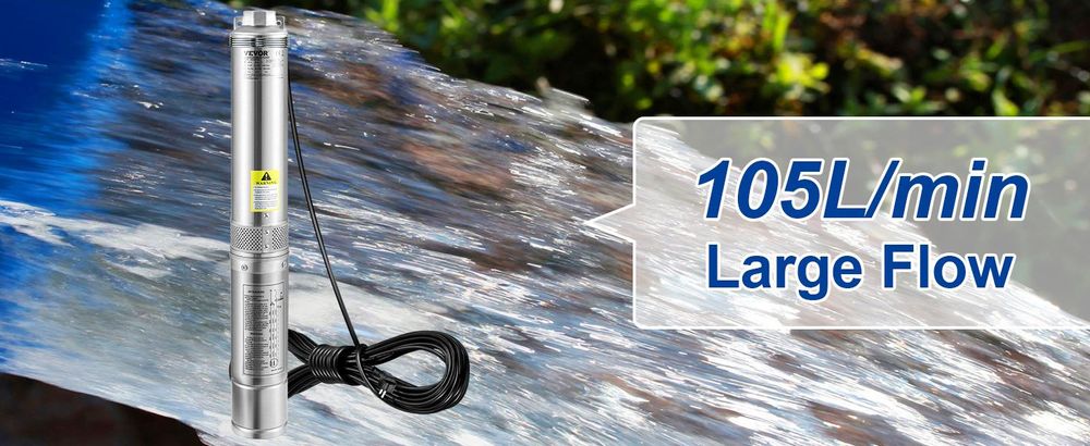 VEVOR 3,5" Tiefbrunnenpumpe 750W Brunnenpumpe 105L/min Tauchpumpe max. Förderhöhe 62m Rohrpumpe 230V 50Hz Sandpumpe IP68 Wasserpumpe 11 Laufradstufen Pumpe Ideal zur Bewässerung oder Wasser-Versorgung