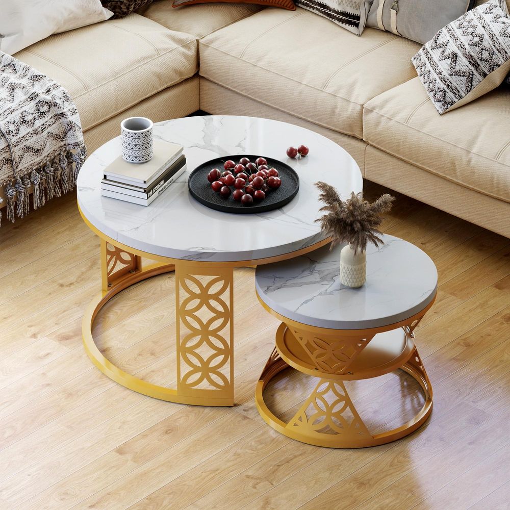 STILVORA Couchtisch Set 2-teilig, rund, Weiß Marmoroptik, Wohnzimmertisch mit goldenen Metallbeinen, moderner Beistelltisch, Weiß/Gold