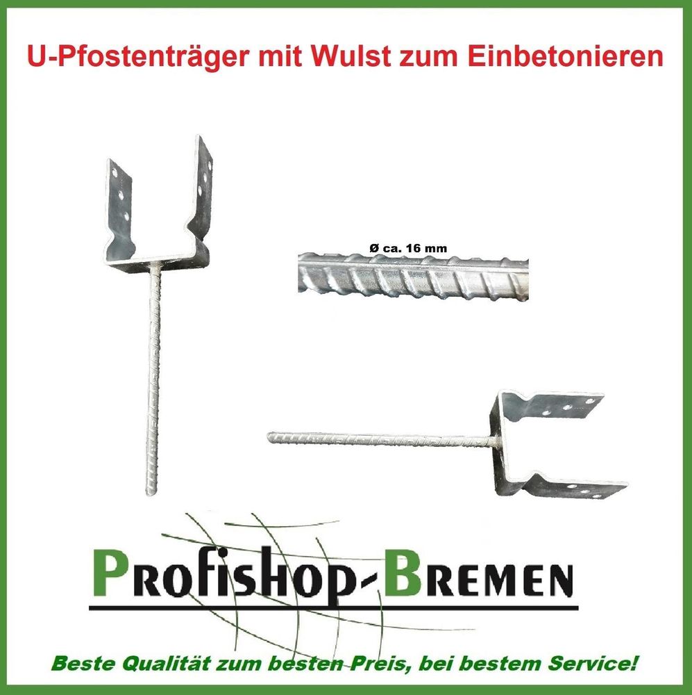 U-Pfostenträger Gabelweite 81 mm mit Wulst zum Einbetonieren, Riffeldolle 300 mm feuerverzinkt, Gesamtlänge 450 mm Lagerräumung