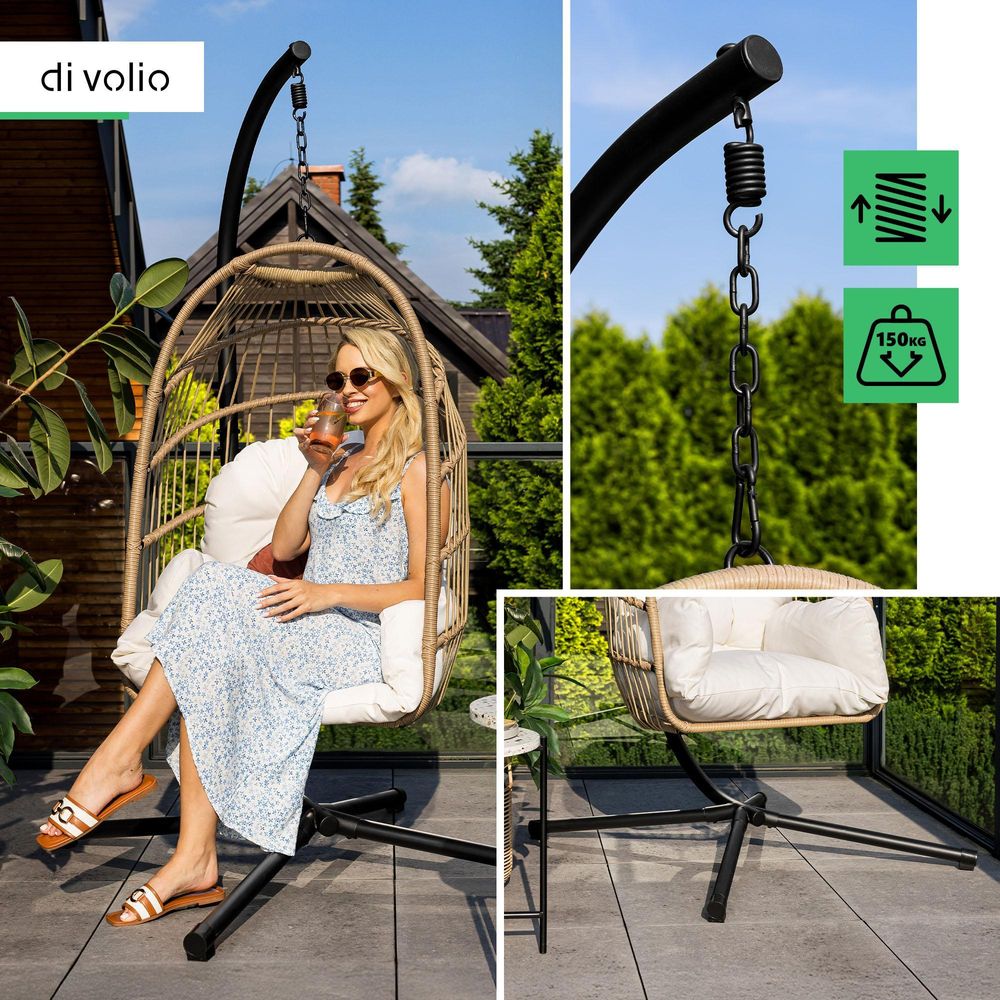 di volio Hängesessel mit Gestell Beluno beige, Hängestuhl für Indoor & Outdoor, inkl. Kissen, bis 150 kg belastbar, ideal für Garten, klappbar