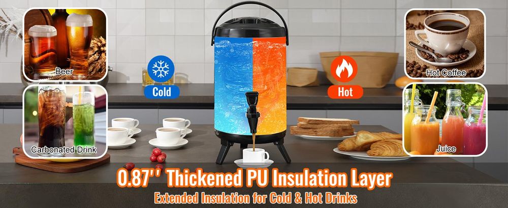 VEVOR Isolierter Getränkespender, 9,5 L, Lebensmittelgeeignetes LDPE Heiß- und Kaltgetränke-Server, Thermo-Getränkespender-Kühler mit 2,3 cm PolyurethanSchicht Zwei-Stufen-Hahngriff, für Restaurant-Getränkeshop, 7.6 L